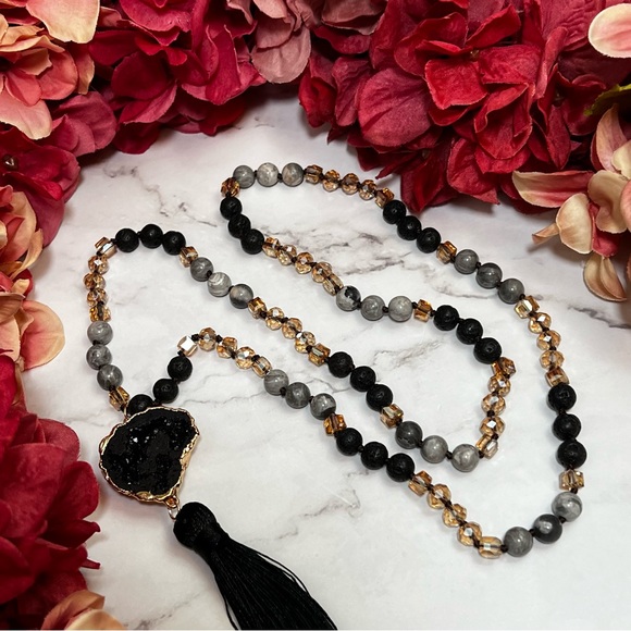 Natural Stone Necklace with Gold Dipped Hematite Geode Druzy Pendant & Tassel - Picture 7 of 16